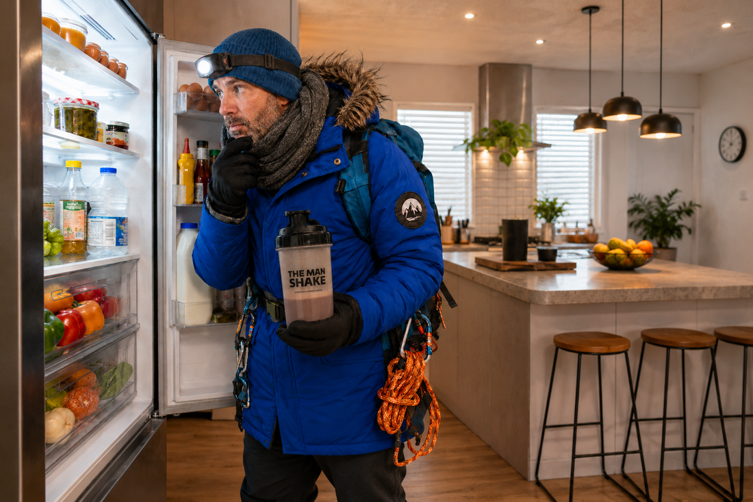 Man checking the fridge while holding The Man Shake